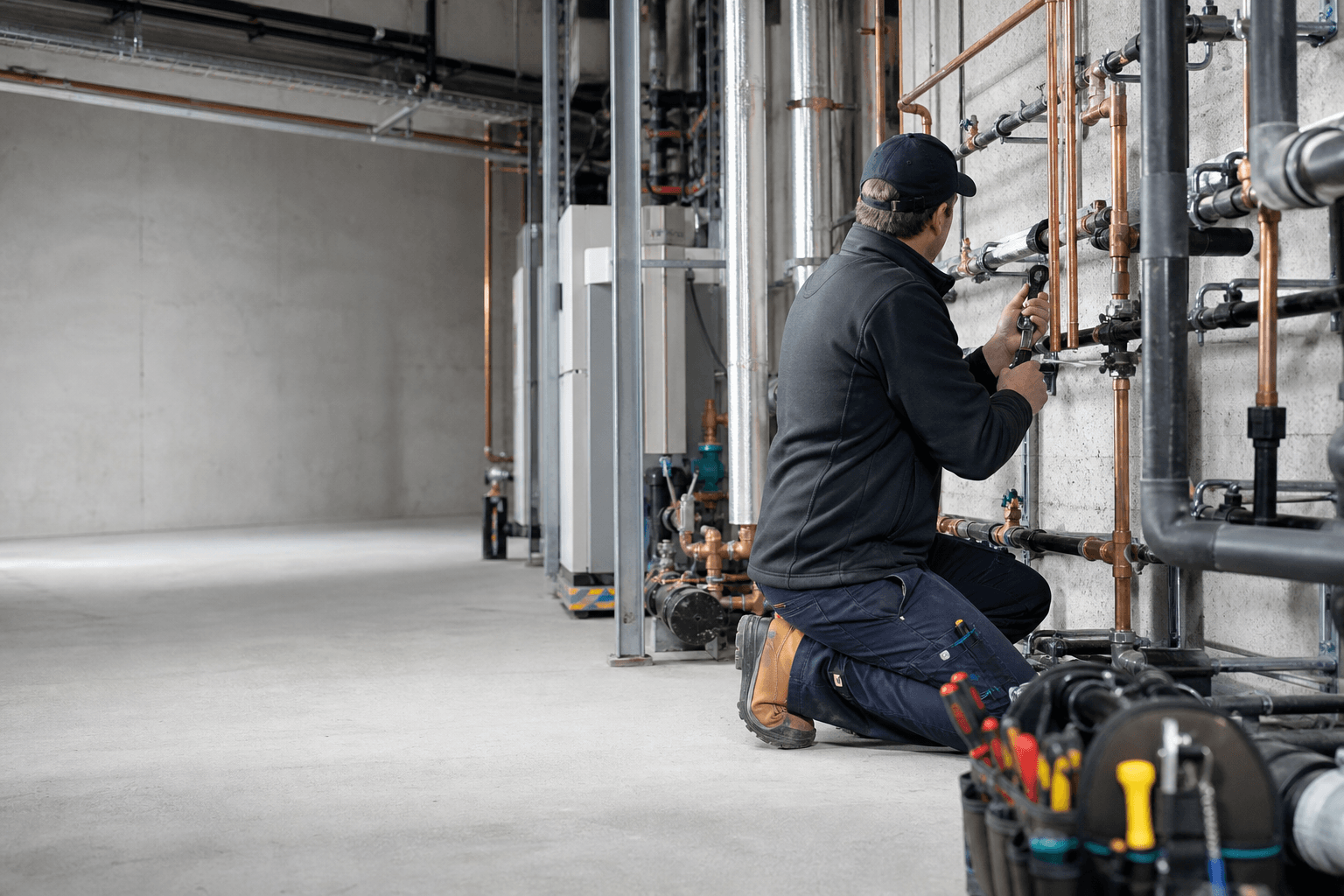Licensed plumber working on commercial pipework in a plant room
